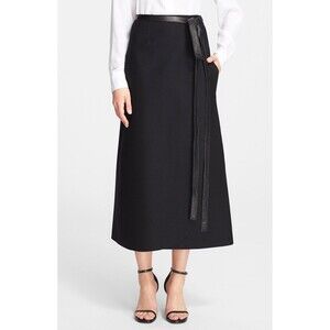 New NWT Womens Long Black Wool Skirt Designer Jill Stuart 6 Wrap Leather Belt